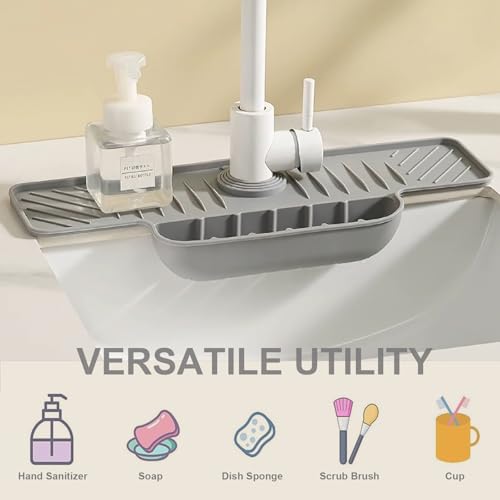 Silicone Faucet Mat with Sponge Holder, Sink Splash Guard, Faucet Draining Mat for Kitchen Bathroom, 5° Slope Split-flow Drainage, Sink Dry and Tidy Organizer, Gray - color: Gray