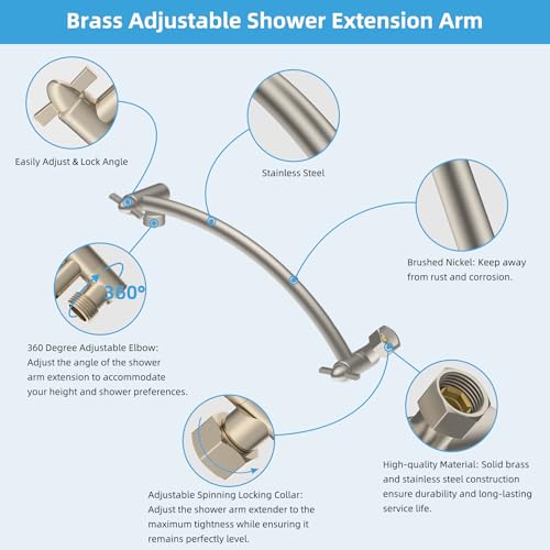 Hibbent All Metal 10'' Shower Head Extension Arm, Brushed Nickel | Solid Brass Adjustable Shower Arm with Lock Joint, Flexible Height & Angle, Universal Connection Shower Head Extender - color: Brushed Nickel, size: 10 Inch