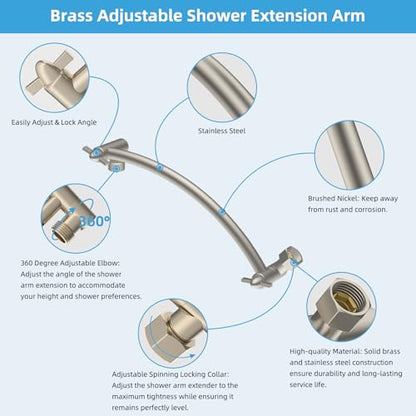 Hibbent All Metal 10'' Shower Head Extension Arm, Brushed Nickel | Solid Brass Adjustable Shower Arm with Lock Joint, Flexible Height & Angle, Universal Connection Shower Head Extender - color: Brushed Nickel, size: 10 Inch