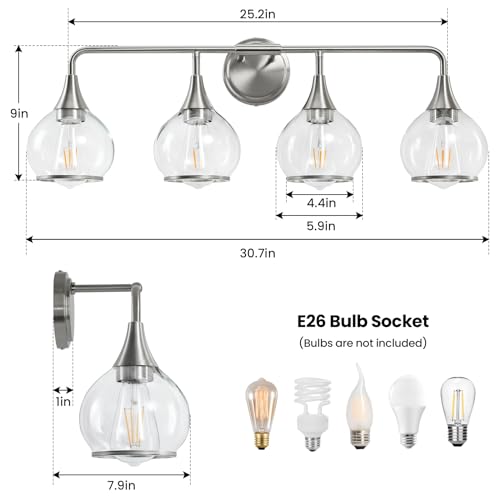 Brushed Nickel Bathroom Light Fixture 4 Lights Bathroom Vanity Lights Over Mirrors with Clear Glass Shade 30.7 inch Wall Sconce Lighting Bath(Exclude E26 Bulb) - color: Brushed Nickel, size: 4 Light