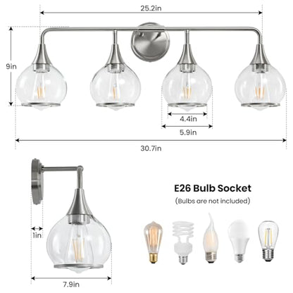 Brushed Nickel Bathroom Light Fixture 4 Lights Bathroom Vanity Lights Over Mirrors with Clear Glass Shade 30.7 inch Wall Sconce Lighting Bath(Exclude E26 Bulb) - color: Brushed Nickel, size: 4 Light