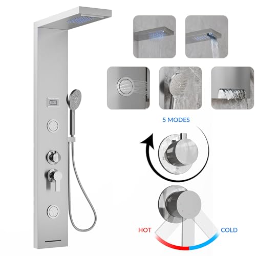 Garvee Shower Panel Tower 6-Function LED Rainfall Body Jets SS Brushed Nickel