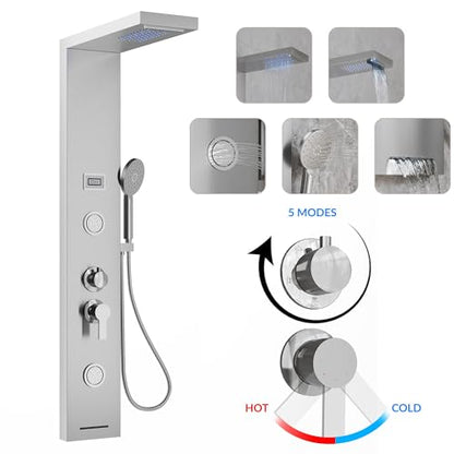 Garvee Shower Panel Tower 6-Function LED Rainfall Body Jets SS Brushed Nickel