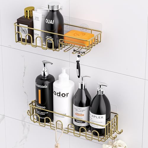 4-Pack Adhesive Shower Caddy, Wall Mounted Bathroom Shelf, Gold | 2 Open Grid Baskets, Drill-Free Adhesive, 2 Detachable Hooks, Rustproof Metal, Ideal Bathroom Kitchen Shelf, Holds 25Lbs - color: Gold