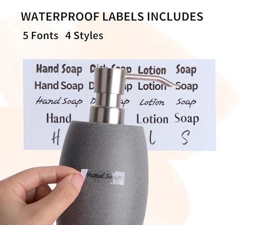Clasin Home Sandstone Textured Resin Soap Dispenser with Metallic Pump and Waterproof Bottle Labels for Bathroom Kitchen Dish Hand Wash Shower Lotion Shampoo, 12 Oz, Gray - color: Dark Gray