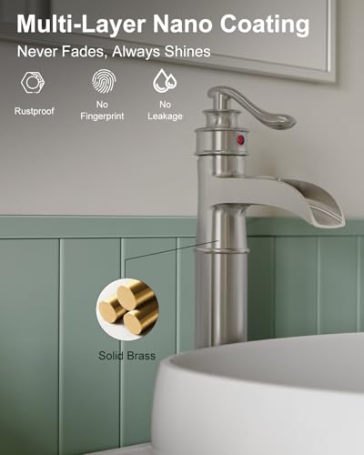 BWE Waterfall Vessel Sink Faucet Brushed Nickel Single Handle 1 Hole | Tall Bathroom Sink Faucets Commercial Mixer Tap with Supply Line and Pop Up Drain without Overflow Lavatory Vanity - color: Brushed Nickel