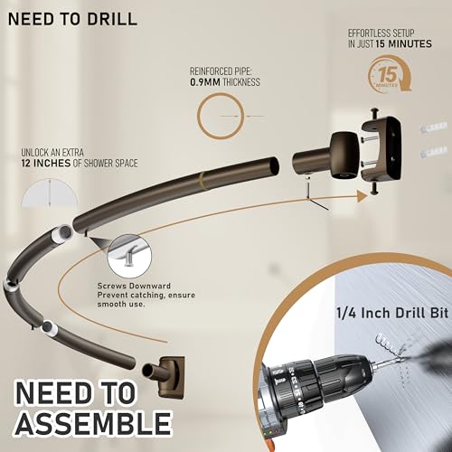 Curved Shower Curtain Rod, Need to Drill, 35-76 inches Adjustable Curved Shower Rod Rustproof Shower Rod Round Shower Curtain Rod for Bathroom, Bathtub, Stall, Stainless Steel, Bronze - color: bronze