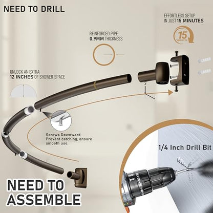 Curved Shower Curtain Rod, Need to Drill, 35-76 inches Adjustable Curved Shower Rod Rustproof Shower Rod Round Shower Curtain Rod for Bathroom, Bathtub, Stall, Stainless Steel, Bronze - color: bronze