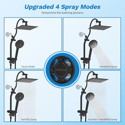 Hibbent High Pressue All Metal 8" Rainfall Shower Head, Handheld 10-Spray | cUPC Certified Oil-Rubbed Bronze Dual Showerhead Combo, 4-way Diverter with Pause Mode, Extension Arm, 71'' Hose & Holder - color: Oil Rubbed Bronze, style: Square 8"