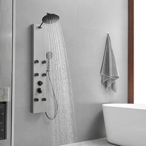 Rainfall Shower Head Shower Tower System Adjustable Head 9 Inch Round,Stainless Steel with 6 Body Jets Massage, 3 IN 1 Bathroom Shower Wall Mount, Brushed Nickel and Black - color: Brushed Nickel with Black