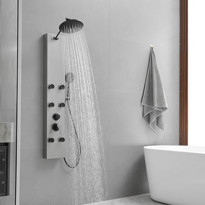 Rainfall Shower Head Shower Tower System Adjustable Head 9 Inch Round,Stainless Steel with 6 Body Jets Massage, 3 IN 1 Bathroom Shower Wall Mount, Brushed Nickel and Black - color: Brushed Nickel with Black