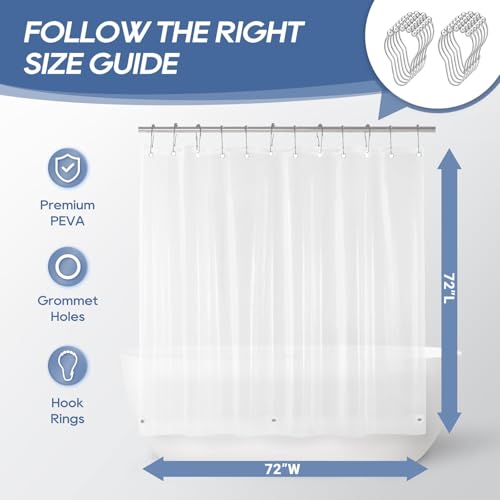 downluxe Clear Shower Curtain Liner with Hooks, Plastic Shower Liner, 72" W x 72" L Lightweight Shower Curtains for Bathroom(12 Hooks, 1PC) - color: Clear With Hooks, size: 72"W x 72"L (Pack of 1)