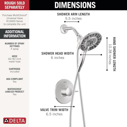 Delta Albion 14 Series Chrome Shower Faucet Set with In2ition 2-in-1 Dual Shower Head with HandHeld Spray Combo, Valve Trim Kit, Chrome T142855-I (Valve Not Included) - color: Chrome