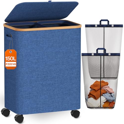 Double Laundry Hamper with Lid and Wheels, 150L Large Laundry Basket with 2 Sections & Removable Liner Bags, Rolling Dirty Clothes Basket with Handles for Bedroom, Bathroom, Dorm, College - color: Blue, size: 150L