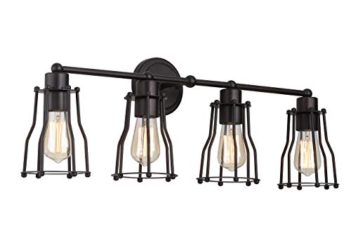 JONATHAN Y Evelyn 4-Light Metal Vanity Light 29.5", Oil Rubbed Bronze | Industrial Farmhouse Reversible Wall Sconce, Cage Shade, For Hallway, Bathroom Sconce for Mirror, LED Bulb Included - color: Oil-Rubbed Bronze, size: 4 Bulb
