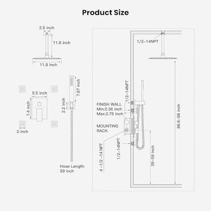 gotonovo Ceiling Shower System with 4pcs Full Body Jets,Brushed Nickel | SUS304 12’’ Rain Shower Head with Handheld Spray,Brass Body Message Jets,Ceiling Mount,Rough-in Valve and Trim Kit,All Metal - color: Nickel