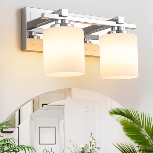Modern Bathroom Light Fixtures Over Mirror, Vanity Lights for Bathroom Wall Sconces with Milky White Glass Shades, E26 Socket (Bulbs Not Included), 2 Light, Chrome - color: Chrome - Milky White Glass Shades, size: 2-Lights