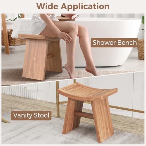 Giantex Teak Wood Shower Bench, Waterproof Shower Stool with Curved Seat for Inside Shower, Spa Bathing Step Foot Rest, Bathroom Stool for Elderly Seniors, Indoor and Outdoor Use, 18" x 13" x 17.5"