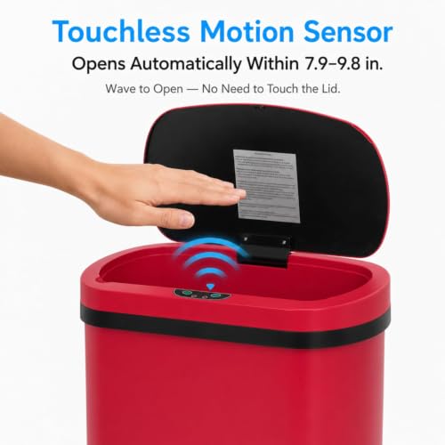 13 Gallon Kitchen Trash Can with Lid,Automatic Touchless Garbage Can for Kitchen,PP Plastic Motion Sensor Trash Can,Tall Large-Capacity Trash Bin,Hands-Free Smart Waste Bin for Home - color: Red