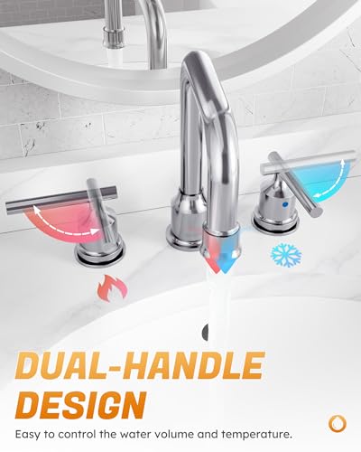 WOWOW Chrome Bathroom Faucet 3 Hole, Widespread Vanity Sink Faucets 8 Inch | Copper Inlet Faucet for Bathroom Sink with Swivel Spout, Two Handles Lavatory Tap with Drain and cUPC Supply Line - color: Chrome, style: Upgrade-8 Inch