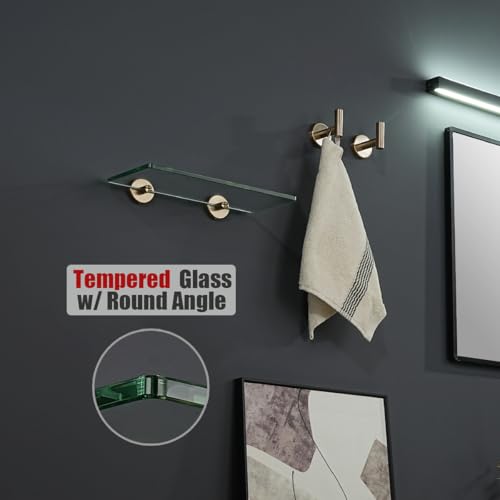 JQK Bathroom Glass Shelf, Tempered Glass Shower Storage 12 by 5 inches, 304 Stainless Steel Champagne Bronze Wall Mount 2 Pack, TGS101L12-CB-P2 - color: Champagne Bronze, size: 12 Inch (2 Pack)