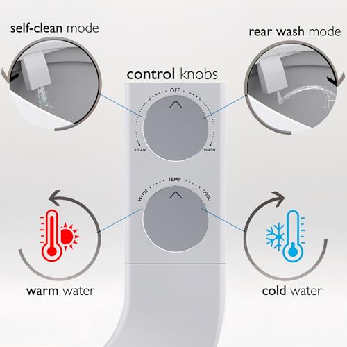 BIDETbidet Left/Right Reversible WARM WATER Ultra-Slim Bidet Attachment with Temperature Control, Interchangeable Knob Set, Hinged Nozzle, Non-Electric, Easy Install, Fits Most Toilets, Off-White