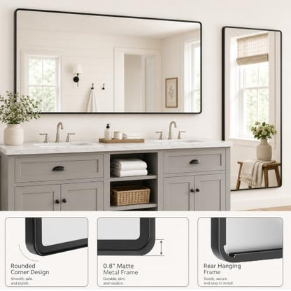pertetey 40 x 36 in Rounded Rectangle Bathroom Mirror, Black Metal Frame | Black Metal Frame, Rounded Rectangle Design, Tempered Glass, Wall Mounted - size: 40"L x 36"W