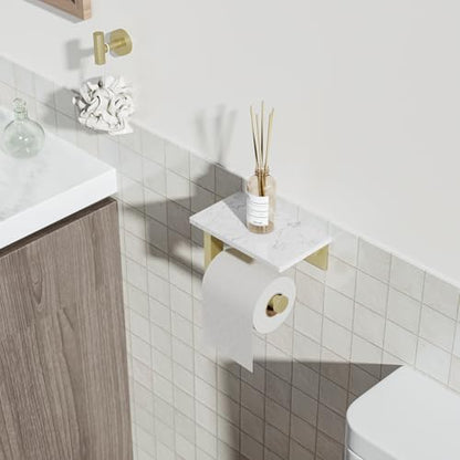 Brushed Gold Toilet Paper Holder with Marble Shelf Tissue Roll Holder | 304 Stainless Steel Wall Mounted Toilet Paper Roll Holder Screw-Mounted Tissue Holder for Bathroom Washroom by BATHLAVISH - color: Brushed Gold