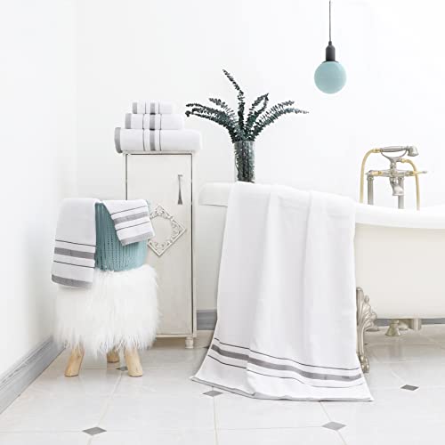Bath Towels Set for Bathroom – Luxury 6-Piece Cotton Towels, Soft Absorbent & Quick Dry, 600 GSM Bath Towels for Bathroom, Hotel Spa Quality (White/Grey, 6- Bath Towel Set) - color: White/Grey