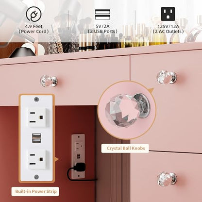 VOWNER Vanity with Lighted Mirror - Makeup Vanity Desk with Glass Top, 7 Drawers and Power Outlet, 3 Color Lighting Modes Adjustable Brightness, 44" Vanity Table with Stool for Women Girls, Pink - color: Pink