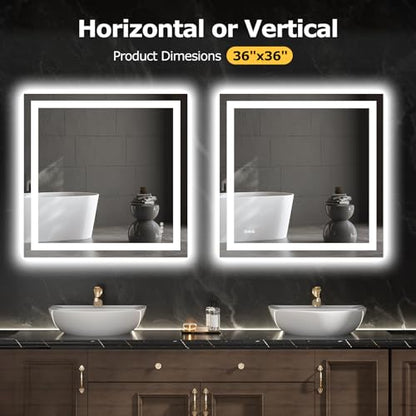 Hivone 36"X36" LED Bathroom Mirror with Lights, Anti-Fog, Dimmable, Backlit + Front Lit, Smart Bathroom Vanity Mirror, Memory Function, Shatterproof, Tempered Glass (Horizontal/Vertical) - size: 36"L x 36"W