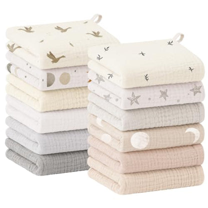 Bearmoss 12 Pack Baby Muslin Washcloths, 100% Cotton 10"x10" Face Towels | Soft Absorbent Bath Wash Cloths and Burp Cloths for Newborn Infants Kids Girls & Boys (Apricot) - color: Apricot