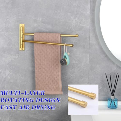 GERZWY Bathroom Swing Arm Towel Bars 2-Arm Wall Mount Stainless Steel Bath Towel Rack Hanger Towel Holder Organizer Gold Finished HYG02-BE - color: Gold