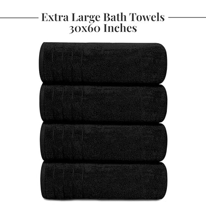 4 Piece Extra Large Bath Towels 30 x 60 Inches, Black | 100% Cotton, Larger & Lighter Weight, Quicker to Dry, Super Soft and Absorbent, Perfect for Bathroom - color: Black