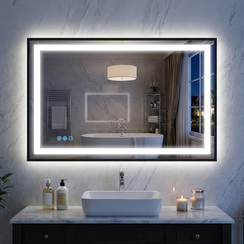 Antok 24X36 LED Bathroom Mirror with Lights, Vanity Mirror for Wall with Black Frame, Touch Control, Anti-Fog, Dimmable Lights, Shatter-Proof, Memory Function, Wall-Mounted Vanity Mirrors - size: 36"L x 24"W