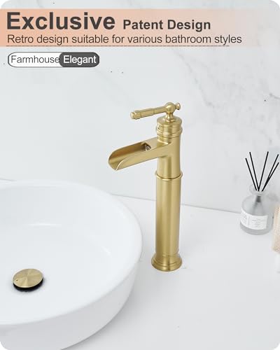 Gold Vessel Sink Faucet, Brass Waterfall Tall Faucet for Bathroom Sink 1 Hole with Single Handle, Pop-up Drain & cUPC Water Hoses for Antique Bowl Basin Save Water - color: Brushed Gold - Elegant