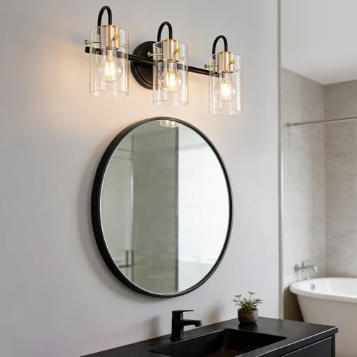 3 Light Bathroom Vanity Light, Black and Gold Bathroom Wall Light Fixtures with Clear Glass Shade, Modern Wall Sconces Wall Lamp Over Mirror Kitchen Living Room Bedroom Hallway Cabinet - color: Black Gold