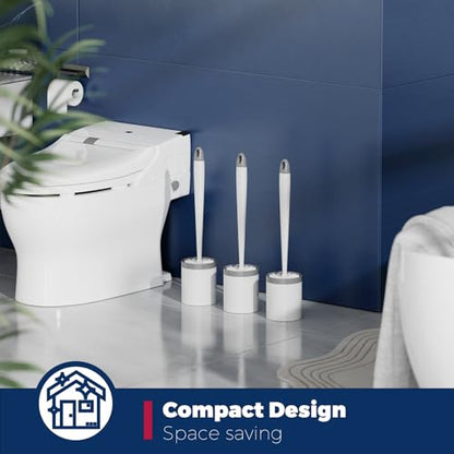 Holaloha Toilet Brush and Holder Set, Compact Design, 3 Pack, White | Bathroom Accessories, Ergonomic Handle, Space Saving, Dense Bristles, Deep Cleaning, Scrubber, with 3 Groove Gap Brushes