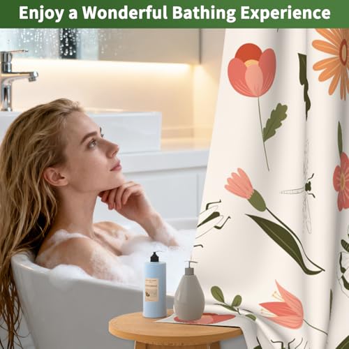 No Hook Shower Curtain with Liner, Floral Shower Curtain with Sheer Top Window and Weighted Hem, Summer Farmhouse Double Layers Waterproof Fabric Shower Curtains for Bathroom and Hotel, 71" W x 74" L - color: Lively Garden