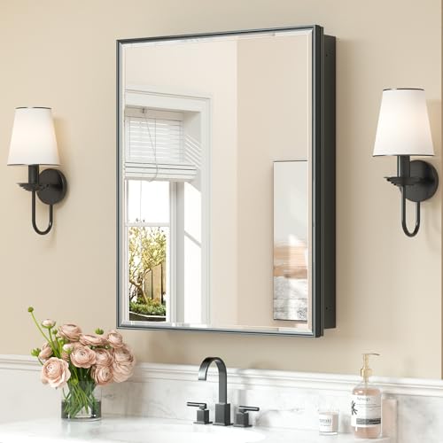 Keonjinn 24" x 30" Black Bathroom Medicine Cabinets with Mirror, Fully Assembled, Large Mirrored Medicine Cabinet Recessed or Surface Wall-Mounted, Aluminum Metal Framed, Farmhouse Cabinet Mirror - color: Black, size: Mirror: 24x30 IN, style: Single-Door