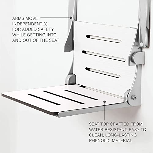 Seachrome Silhouette Comfort Folding Wall Mount Shower Bench Seat with Arms, White Seat with Matte Black Frame - color: White Seat With Matte Black Frame and Black Arm Pads