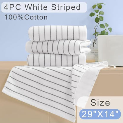 VOOVA & MOVAS White Striped Hand Towels 4 Pack, 100% Cotton, 13x28 in | Ideal for Home Bathroom & Kitchen, Hanging Loops, 450GSM, Ultra Absorbent & Quick Dry, White Base with Black Stripes - color: White Stripe