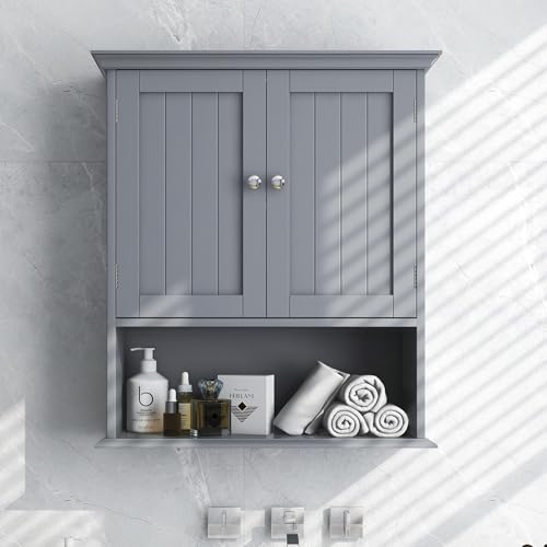 Bathroom Wall Cabinet, Over the Toilet Storage Cabinet with 2 Doors, 3 Heights Adjustable Shelf & Open Shelf, Wooden Hanging Medicine Cabinet for Bathroom, Kitchen, Living & Laundry Room, Gray - color: Grey