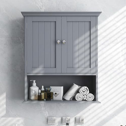 Bathroom Wall Cabinet, Over the Toilet Storage Cabinet with 2 Doors, 3 Heights Adjustable Shelf & Open Shelf, Wooden Hanging Medicine Cabinet for Bathroom, Kitchen, Living & Laundry Room, Gray - color: Grey