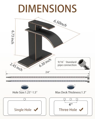 Waterfall Single Handle Bathroom Sink Faucet Oil Rubbed Bronze | Vanity Faucet with Pop-up Drain, llaves para lavamanos de baño, Ceramic Valve, for 1 or 3 Hole Modern Bathrooms. - color: Oil Rubbed Bronze