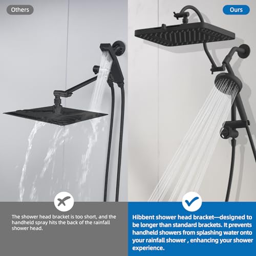 Hibbent cUPC Certified High Pressue 13'' Rainfall Shower Head with 5-Spray | Shower Heads with Handheld 10-Spray Combo, All Metal Easy Reach 4-way Diverter Arm, 71'' Hose & Holder, Matte Black - color: Black, style: Square 13"