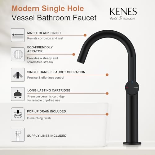 Matte Black Vessel Sink Faucet Single Handle, Tall Bathroom Faucet | Vessel Bowl Faucet with Pop Up Drain & Supply Lines, Lead-Free cUPC & NSF Certified, 1 Hole Faucet for Vanity RV Restroom - color: Matte Black, size: Tall