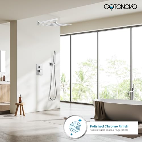 gotonovo Rainfall Bathroom Shower System Rain Shower Head and Handle Set Wall Mounted Shower Complete Combo Solid Brass Pressure Balancing Shower Mixer Valve 16 Inch Polished Chrome - color: Polished Chrome, size: 16 Inch