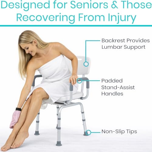 Vive Swivel Shower Chair for Inside Shower - Seat for Elderly, Disabled, Adults, Seniors - 360° Rotating, Narrow & Height Adjustable - Tub Bench Stool for Bathroom Mobility with Removable Back & Arms | Adults, Seniors - 360° Rotating, Narrow & Height Adju