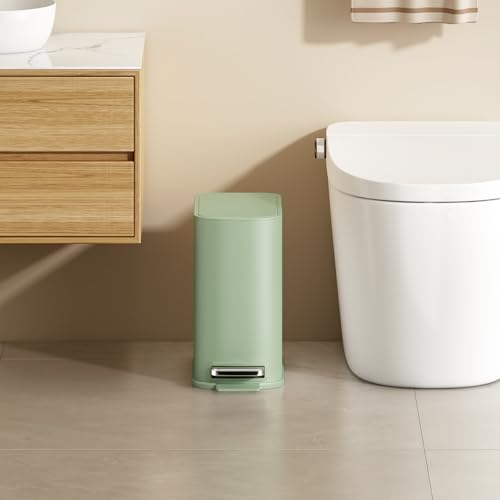 TIPGO Small Bathroom Trash Can with Lid Soft Close,1.3 Gallon, Green | Step Pedal, Removable Inner Bucket, 5 Liter Slim Stainless Steel Garbage Can for Bedroom, Office, Kitchen - color: Green